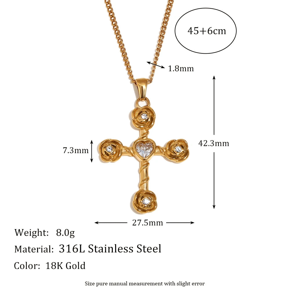 E.B.belle White Rhinestone Rose Cross Necklace Earring Flower Jewelry Set Stainless Steel 18K Gold Plated Waterproof Charm