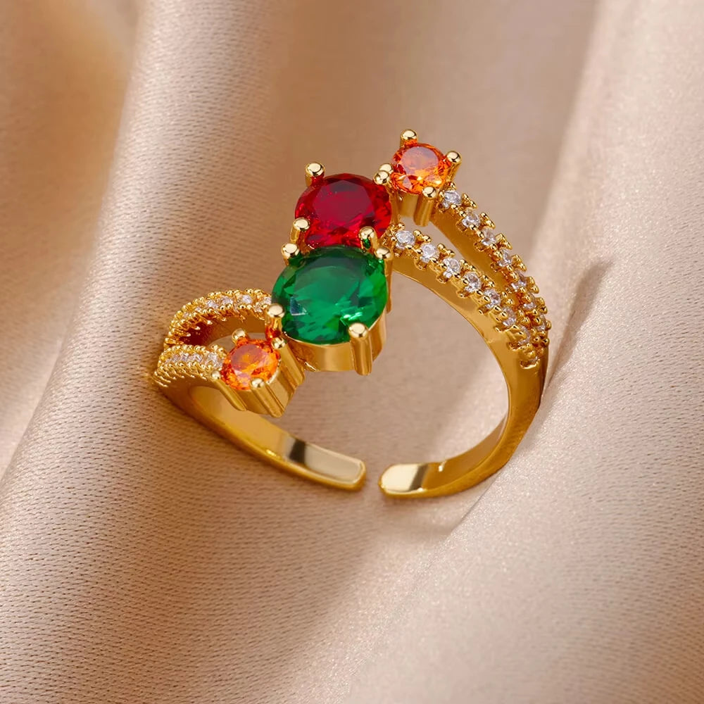 Stainless Steel Rings Gold Plated Colorful Stone Zircon Crystal Luxury Flower Ring For Women Wedding Jewelry Christmas Gift New