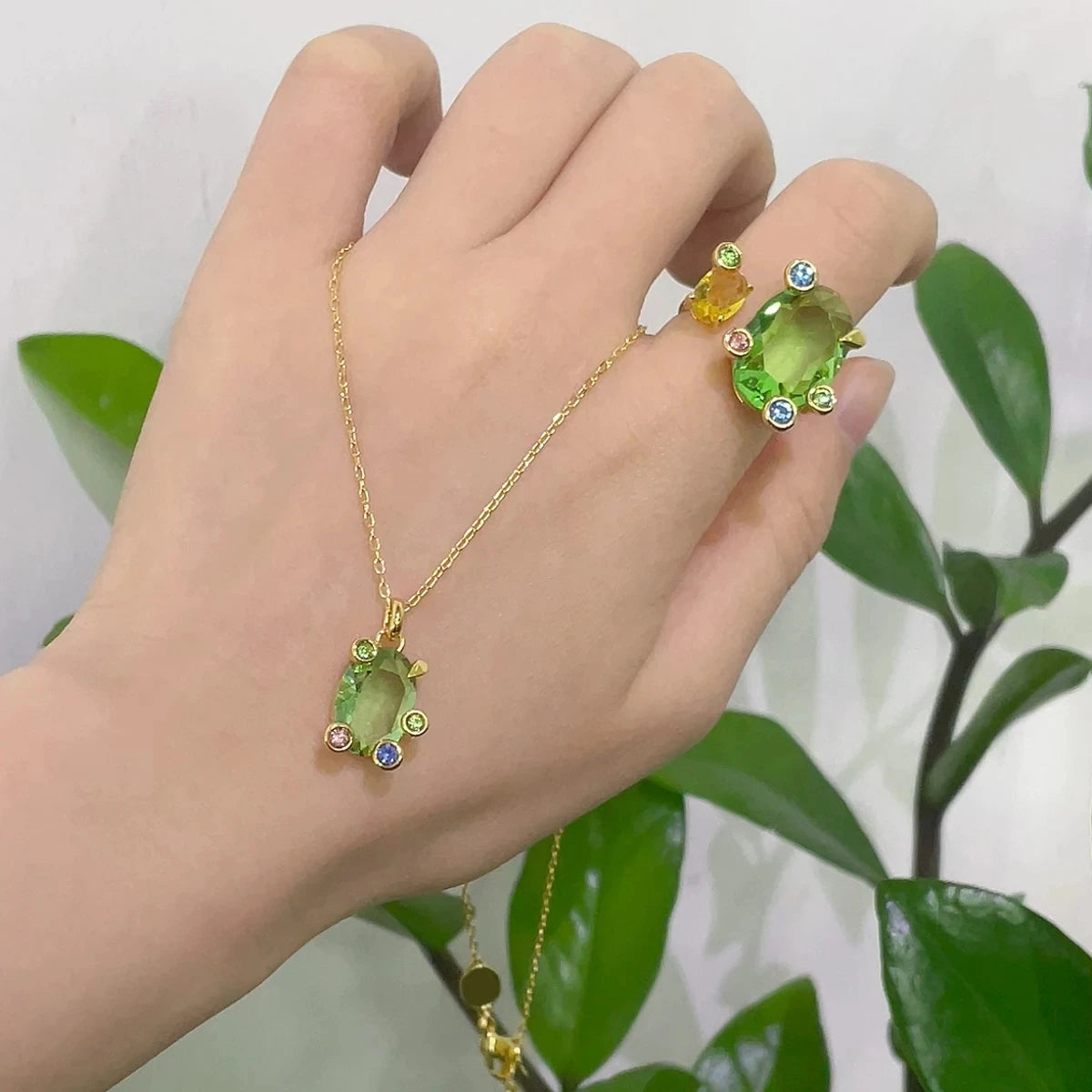 2026 New Trend Fine Anniversary Jewelry Sets Charming Blue Flower Green Water Drop Crystal Luxury Women's Necklace Ring Earrings