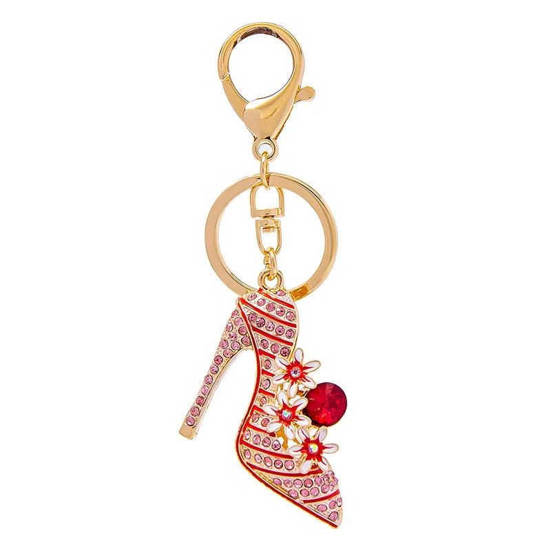 Elegant Flower High Heels Key Chain Women's Bag Pendant Alloy Rhinestone Car Key Ring Fashion Backpack Ornament