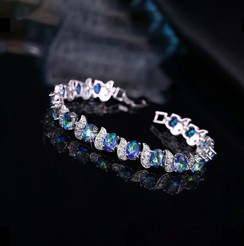ThreeGraces Mystic Blue Cubic Zirconia Crystal Geometric Oval CZ Link Chain Bracelet for Women Fashion Party Jewelry BR364