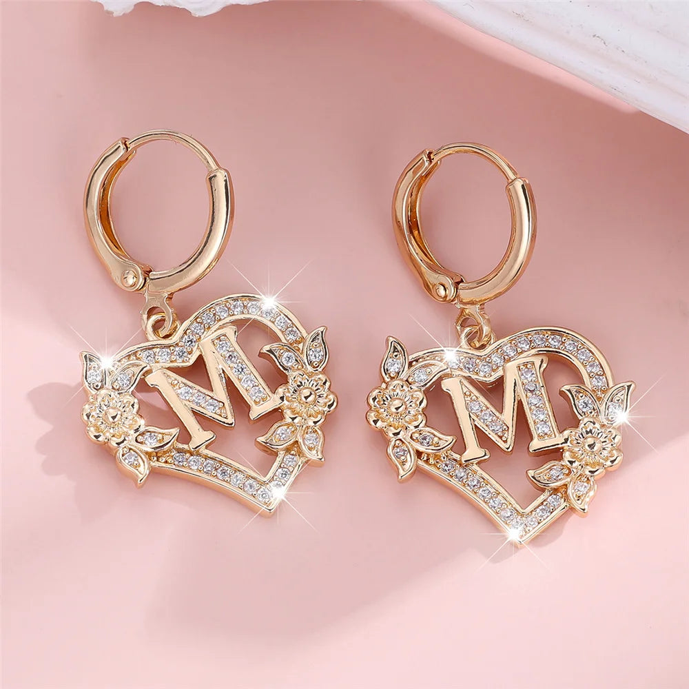 Female A-Z 26 Letter Heart Flower Hoop Earrings Yellow Gold Color White Zircon Wedding Jewelry For Women