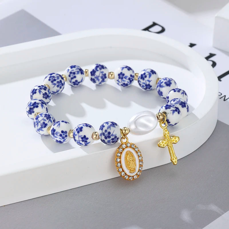 Bohemian Blue White Porcelain Bead Bracelet with Imitation Pearls Cross Pendant for Women Daily Party Wear Fashion Accessory