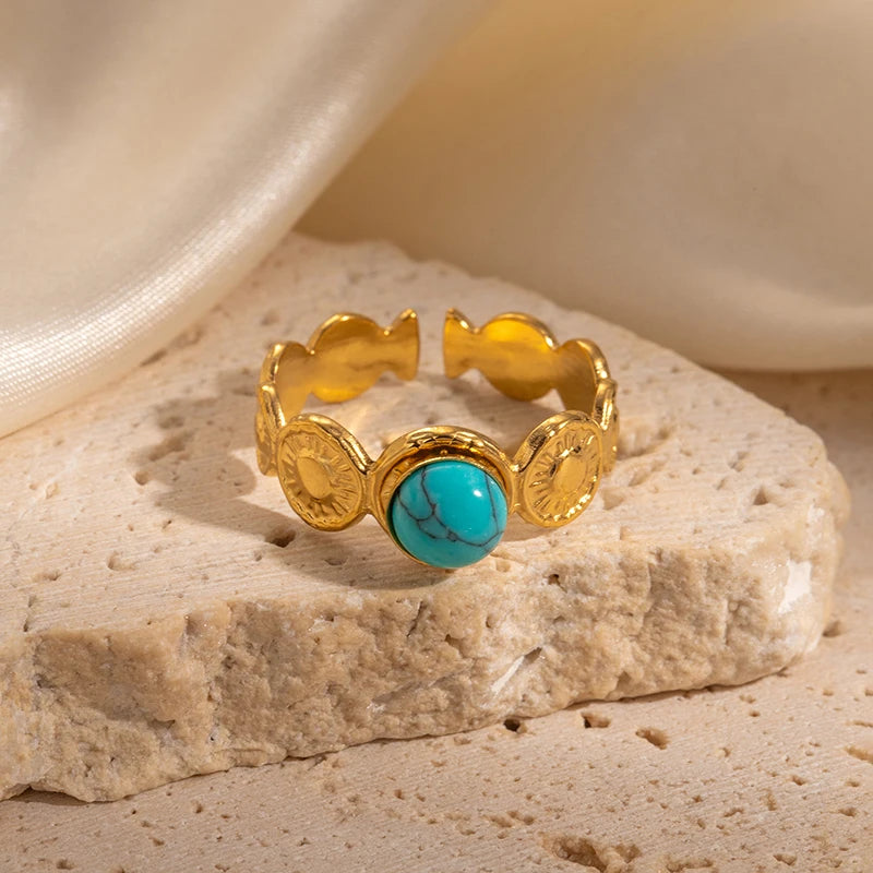 ANENJERY 316L Stainless Steel Colorful Stone Round Card Sun Open Ring for Women Men Niche Special Jewelry Gifts Wholesale