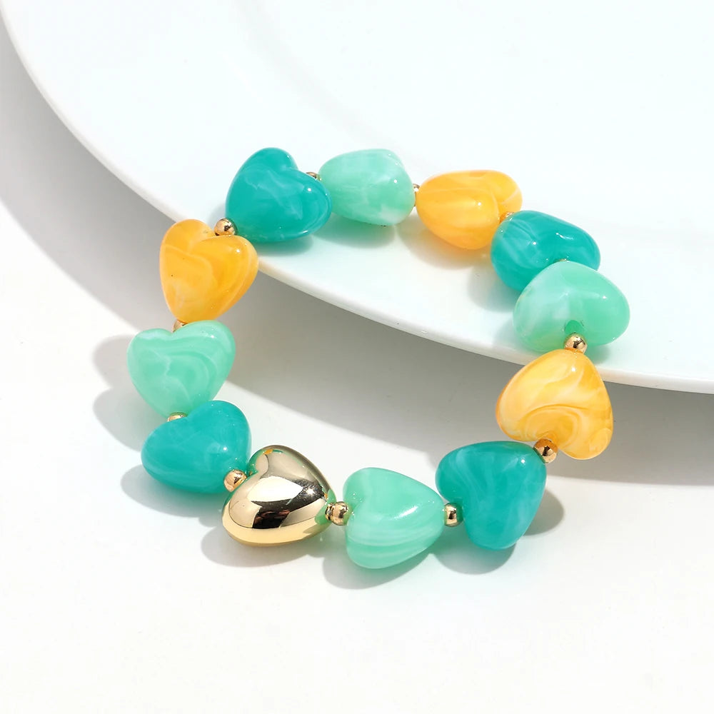 Sweet Resin Love Heart Beads Elastic Bracelets for Women Cute Geometric Heart Shape Stretch Bracelet Party Jewelry Gifts