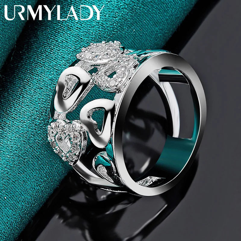 URMYLADY 925 Sterling Silver Hollow Smooth Heart Zircon Charm 7-10# Ring For Women Wedding Engagement Fashion Jewellery
