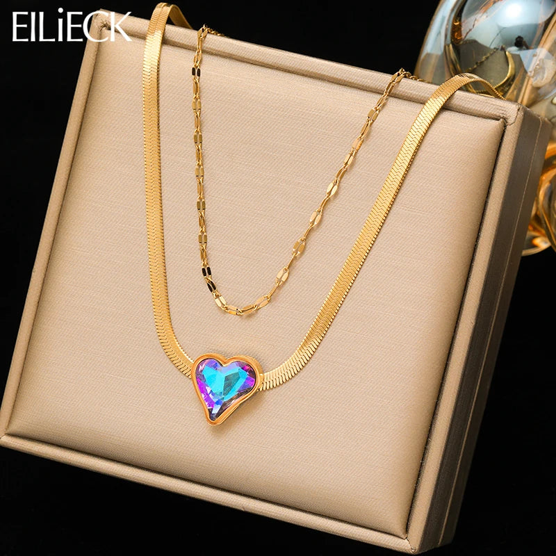 EILIECK 316L Stainless Steel Colorful Heart Love Zircon Pendant Necklace For Women Fashion 2 IN 1 Neck Chain Jewelry Gift collar