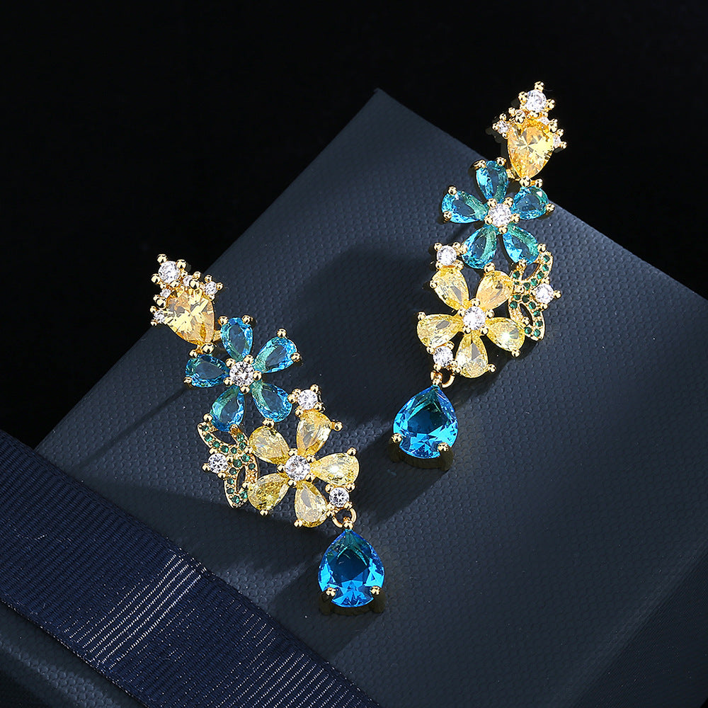 Bohemian colorful zircon flower earrings 925 silver needle fashion heavy industry new personality earrings female wholesale