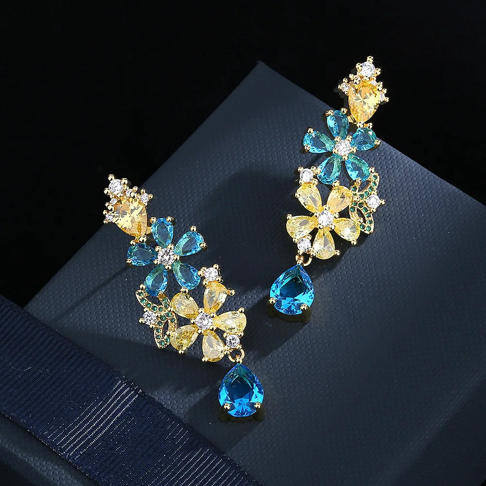 Bohemian colorful zircon flower earrings 925 silver needle fashion heavy industry new personality earrings female wholesale