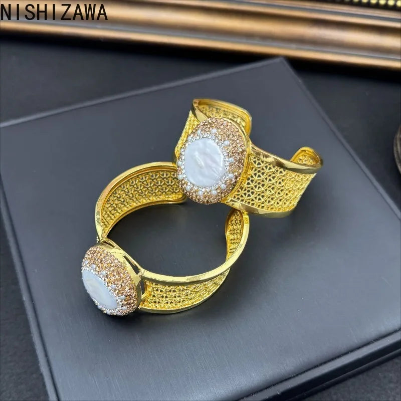NISHIZAWA Baroque Pearls Open Bangles Jewelry Fashion Turkish Style Retro Bracelets for Women Geometric Pulseras Mujer