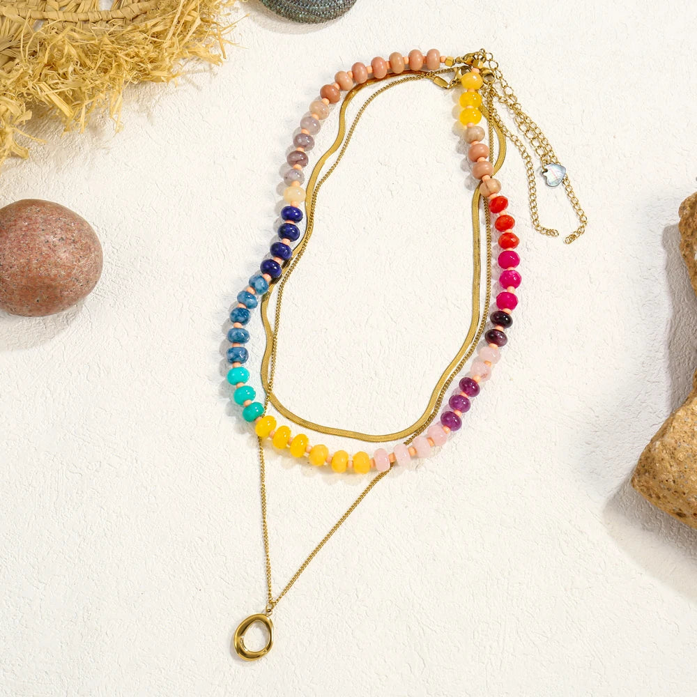 Badu Colorful Natural Stone Beads Necklaces for Women Bohomian Gemstone Beaded Choker Summer Beach Trendy Boho Jewelry Gift