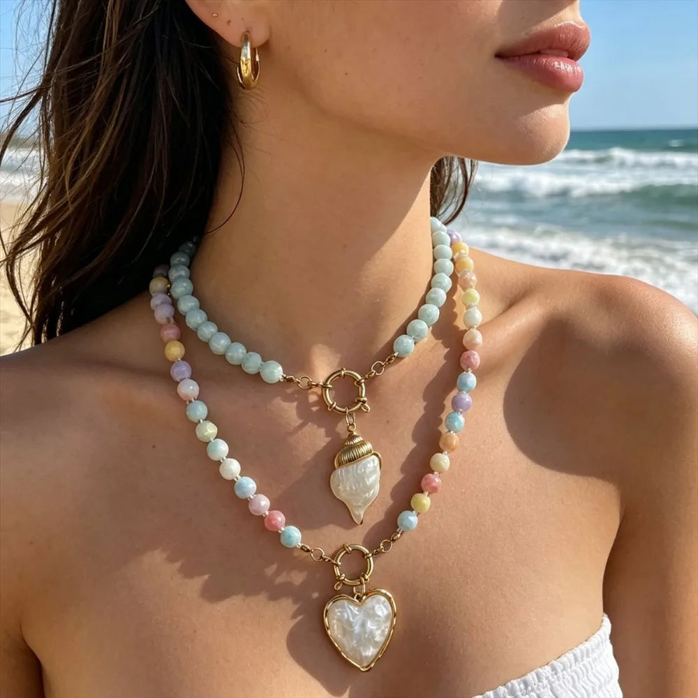 Summer Dopamine Handmade Bead Flower Ball Necklace Ocean Shell Seahorse Heart Pendant Charm Beach Jewelry Gift for Women