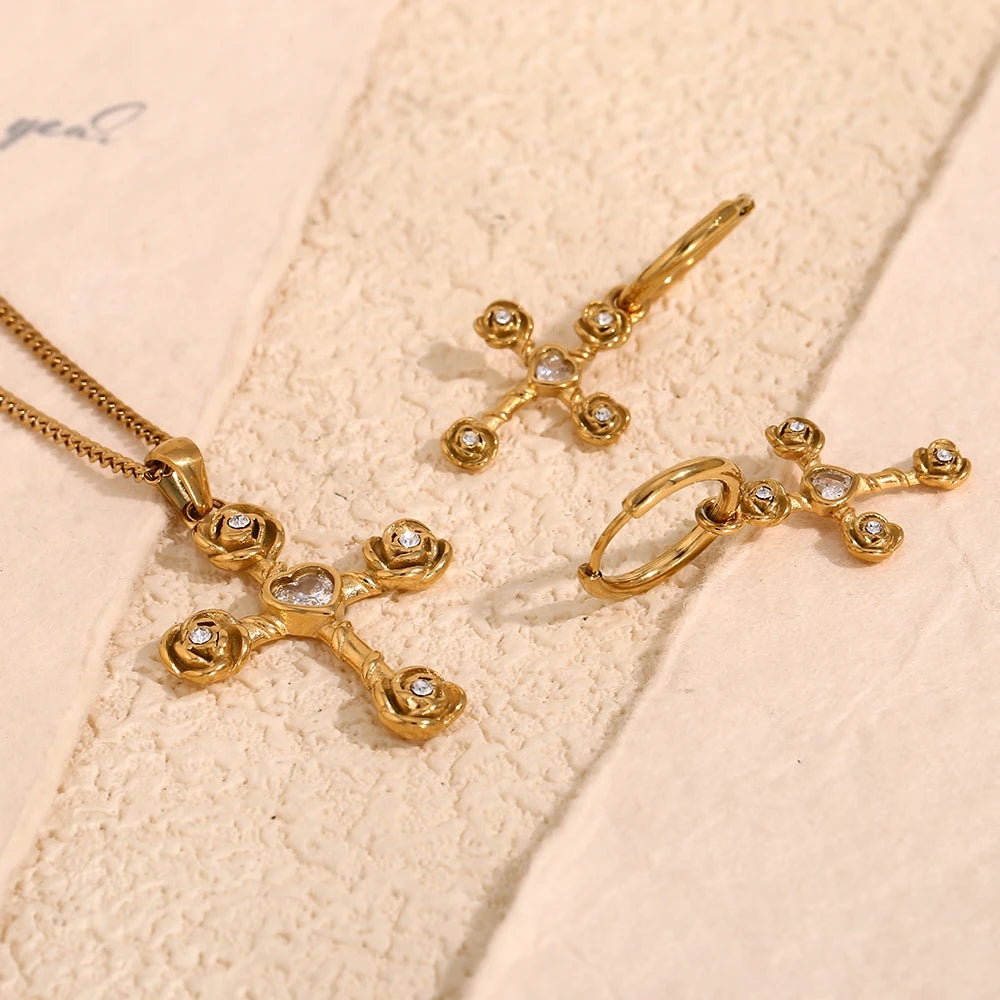 E.B.belle White Rhinestone Rose Cross Necklace Earring Flower Jewelry Set Stainless Steel 18K Gold Plated Waterproof Charm