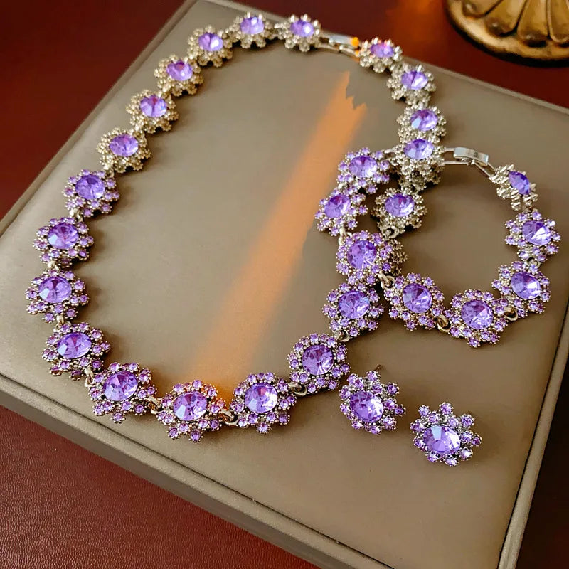 Vintage Amethyst Round Flower Cluster Necklace Bracelet Earring Jewelry Set Antique Silver Luxury Women Bridal Wedding Jewelry N