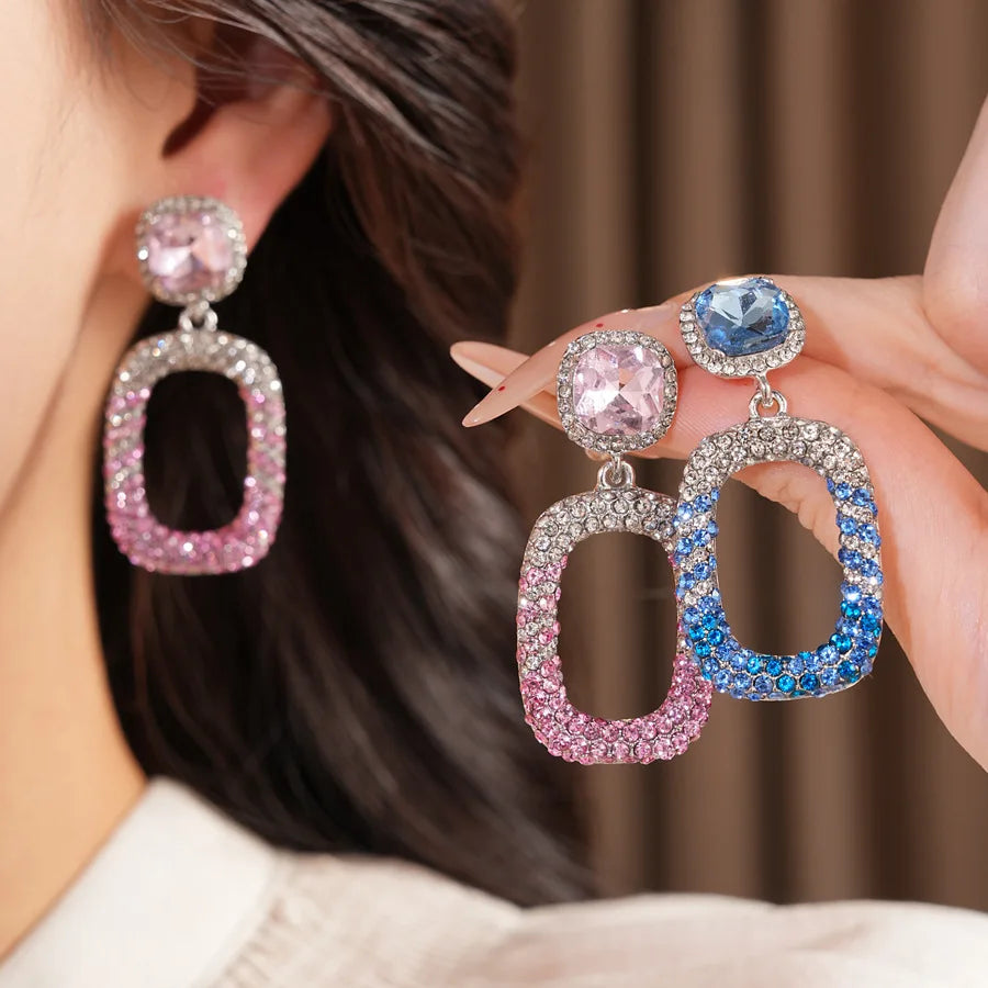 Rhinestone Hollow Square Dangle Earrings Personality Elegant Exquisite Light Luxury High Grade Fashion Ear Jewelry for Women