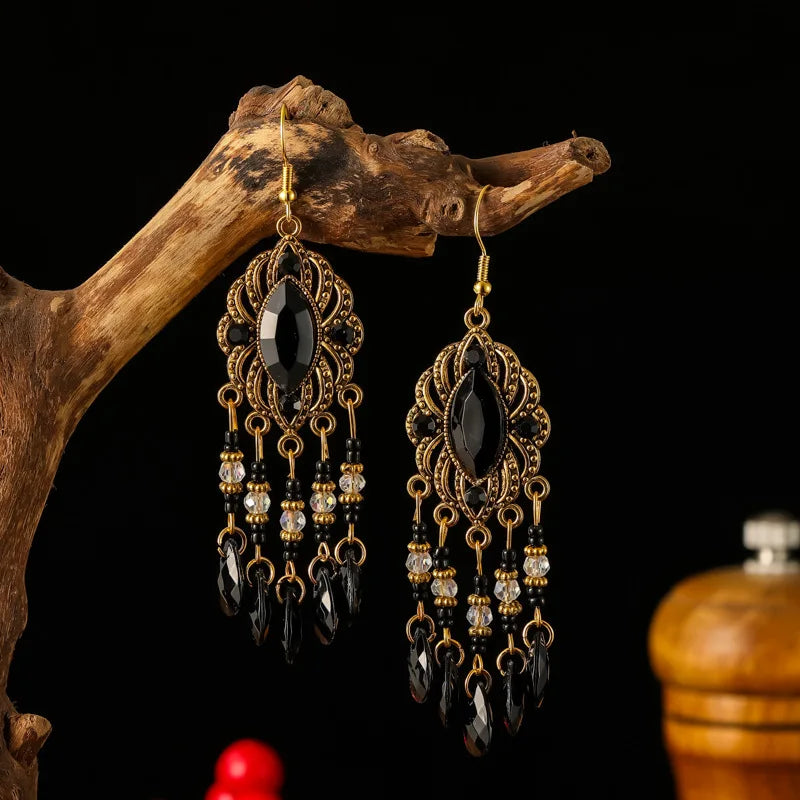 New Bohemian Ethnic Colorful Water Drop Tassel Earrings for Women Long Hollow Antique Gold Color Dangle Earring Pendientes Mujer