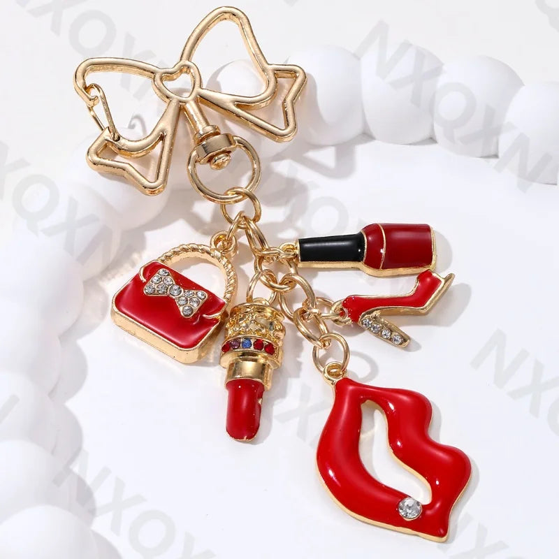 Cartoon Flamingo Lips High Heels Heart Keychain Pretty Handbag Enamel Key Ring For Friends Women Girl Festival Gifts DIY Jewelry