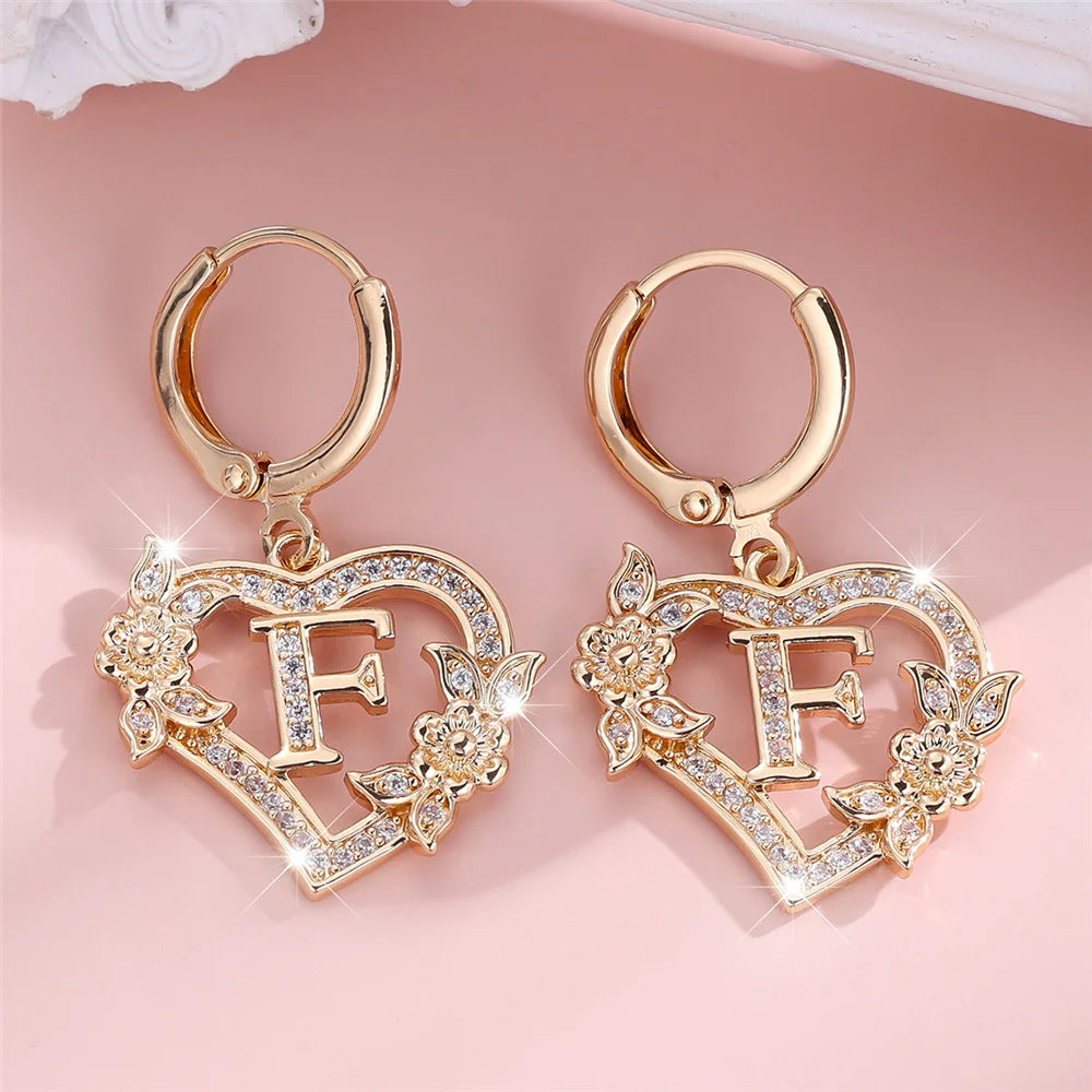 Female A-Z 26 Letter Heart Flower Hoop Earrings Yellow Gold Color White Zircon Wedding Jewelry For Women
