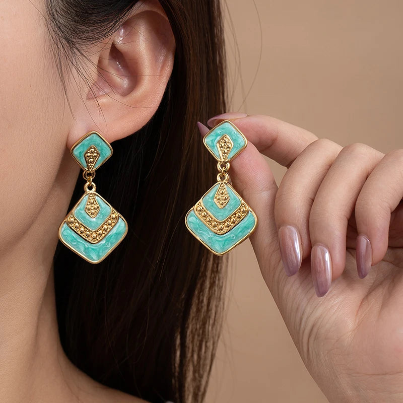 ANENJERY 316L Stainless Steel Rhombus Geometry Pendant Earrings For Women Bohemia Personality Niche Jewelry Gifts Wholesale