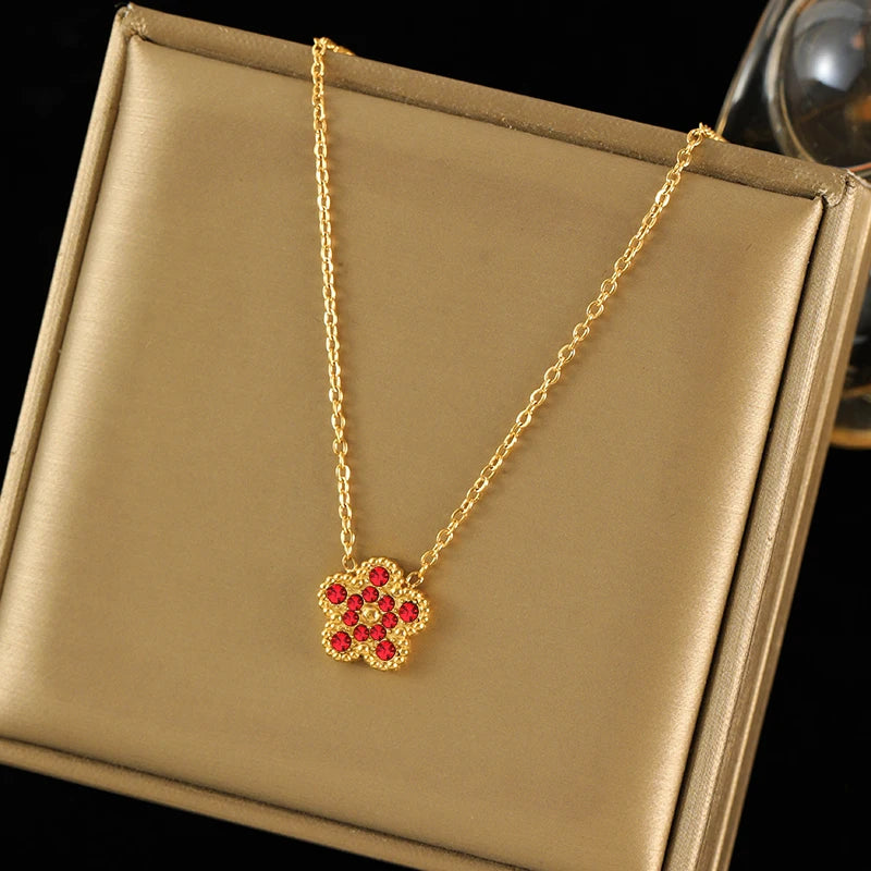 EILIECK New Fashion Stainless Steel Pink Zircon Clover Necklace Bracelet Earrings Set For Women Trendy Flower Jewelry Set Gift