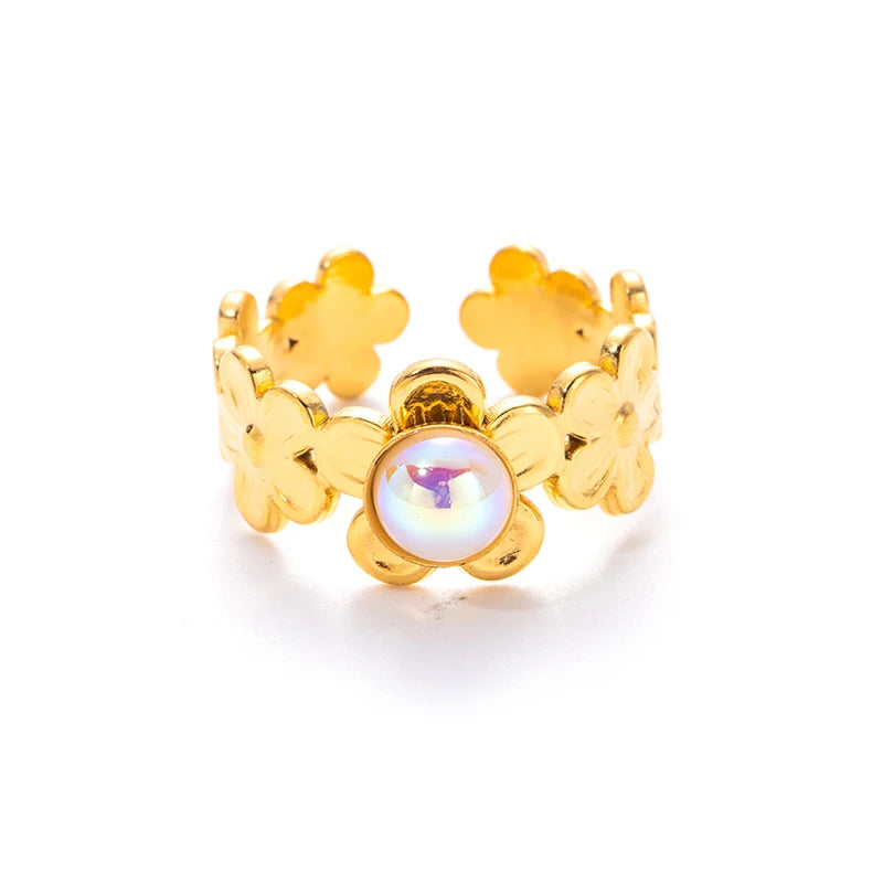 ANENJERY 316L Stainless Steel Flower Inlaid Colorful Stone Open Ring for Women Men Beauty Delicate Jewelry Gifts Wholesale