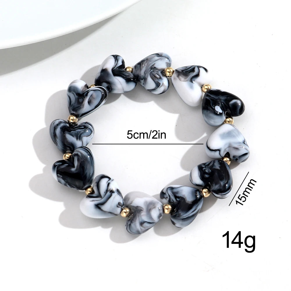 Cute Acrylic Colorful Geometric Heart Beads Elastic Bracelets New Love Heart Beaded Stackable Bangle Bracelet Women Jewelry Gift