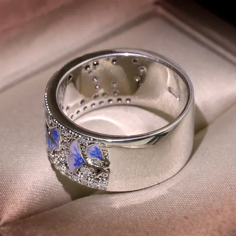 Female Silver Flower Ring for Woman Blue Flower Ring Sterling Silver Color Party Fashion Promise Wedding Jewelry HANDMADE Enamel