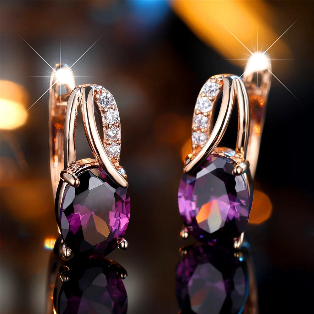 Luxury Female Purple Oval Zircon Stone Hoop Earrings Fashion Gold Color Wedding Jewelry For Women