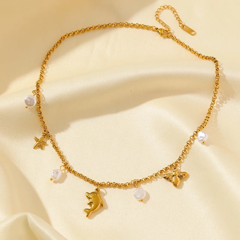 EILIECK 316L Stainless Steel Pearl Shell Starfish Sun Charm Necklace For Women Ocean Style Gold Plated Handmade Holiday Jewelry