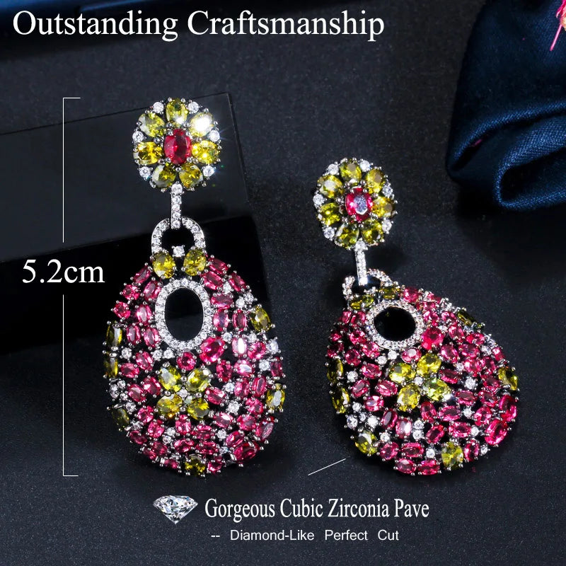 ThreeGraces Vintage Elegant Rose Red Zirconia Long Geometric Drop Earrings for Women Trendy Luxury Wedding Party Jewelry E2106