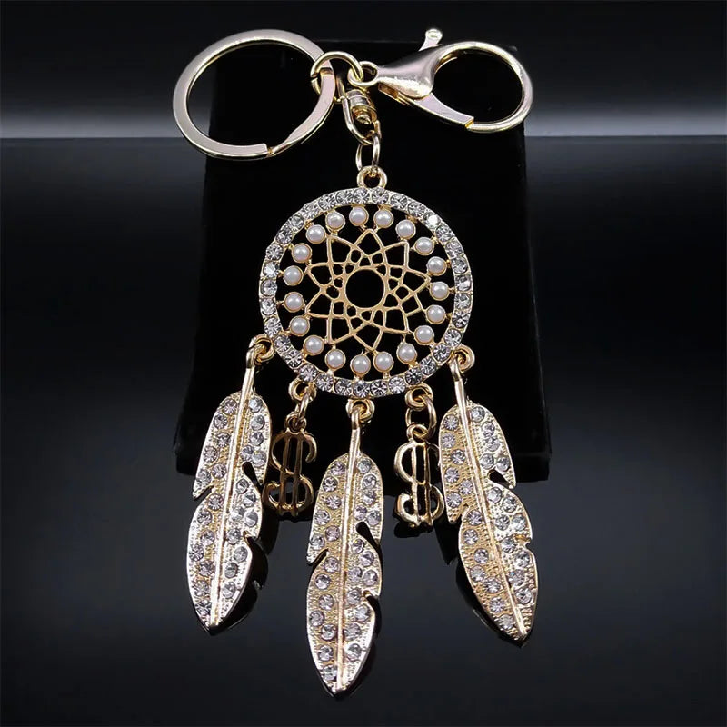 Shinny Crystal Owl Dreamcatcher Feather Keychain for Women Alloy Rhinestone Dream Catcher Animal Key Ring Bag Jewelry K9034S05