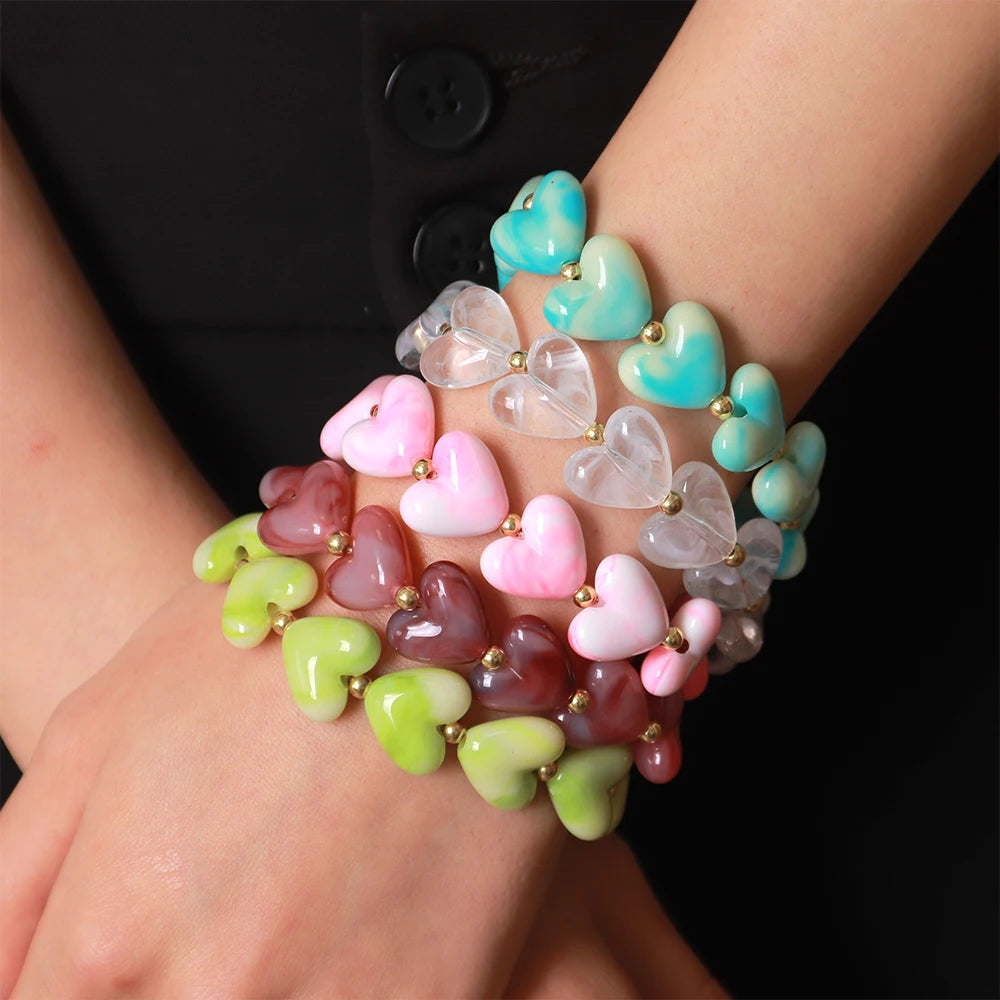 Cute Acrylic Colorful Geometric Heart Beads Elastic Bracelets New Love Heart Beaded Stackable Bangle Bracelet Women Jewelry Gift