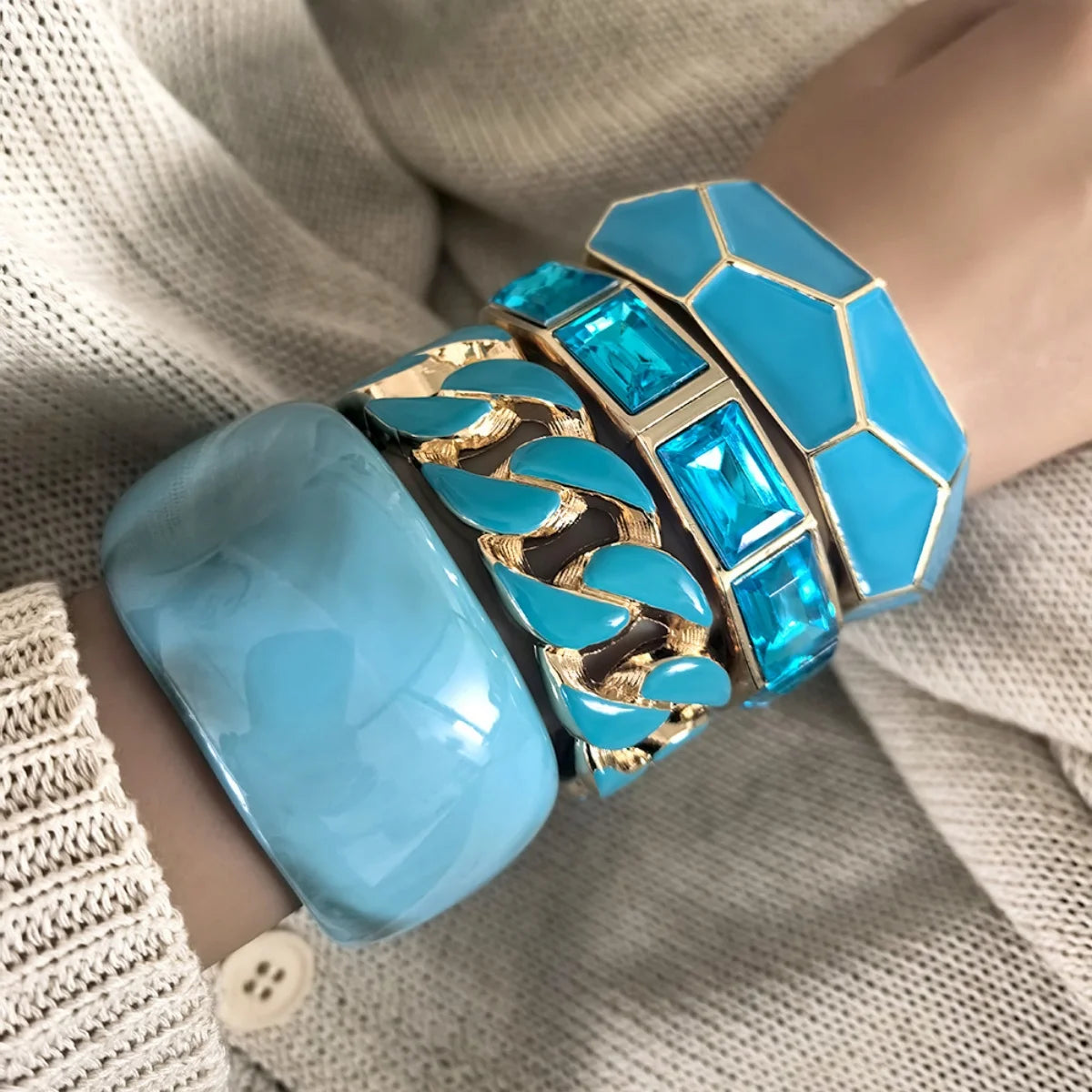 KMVEXO Irregular Geometric Cutting Blue Enamel Metal Wide Bangles for Women Summer Beach Distort Bracelet Pulseras Jewelry