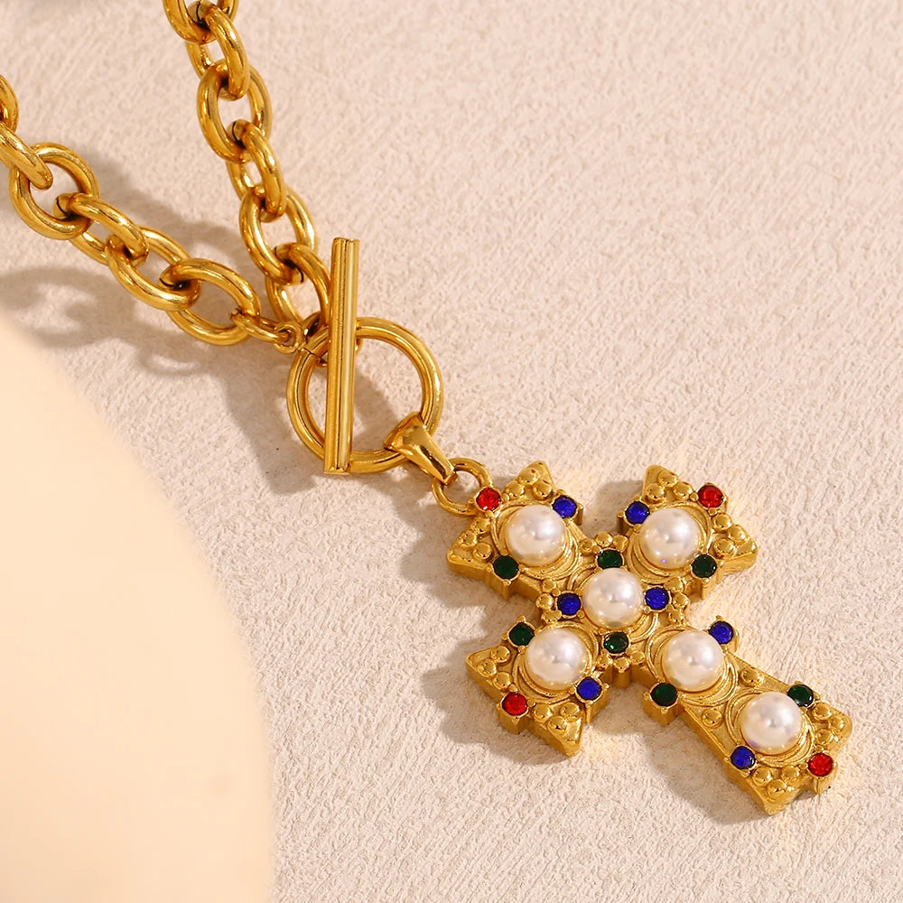 E.B.belle Vintage Style OT Buckle Blue Rhinestone Pearl Cross Pendant Necklace 18K Gold Plated Stainless Steel Neck Jewelry