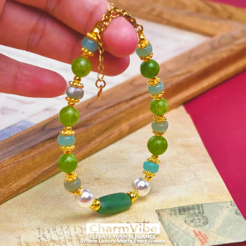 Natural Green stone Bracelet for Women Golden Pearl Adjustable Lobster Clasp Bracelet Boho Wedding Party Jewelry Gift
