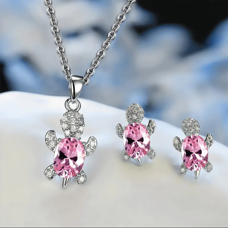 Multicolor Rhinestones Turtle Necklace Earrings sets for Women 14k Platinum Plated 3 Pcs Jewelry Set Female Party Wedding Gifts