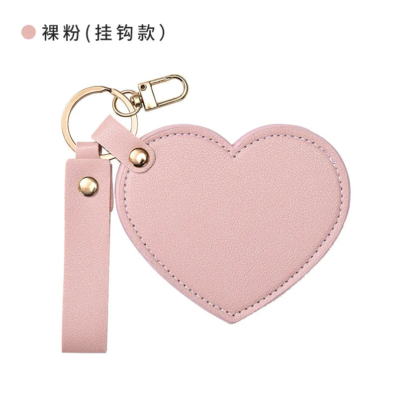 Multi-functional Heart Shape PU Leather Makeup Mirror Creativity Keychain Portable Compact with Chain for Purse Travel Gift