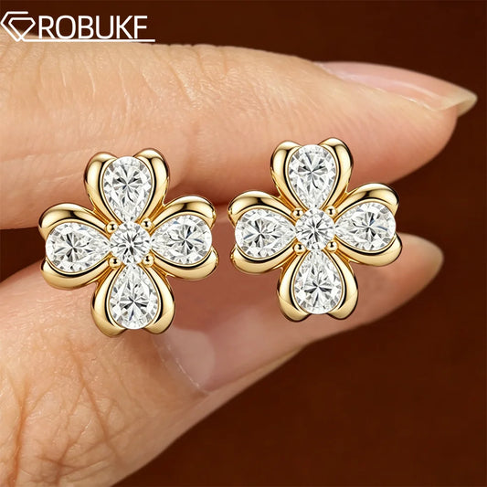 18K Gold Plated 2.52cttw All Moissanite Stud Earring For Women Pear/Round Cut Diamond 925 Sterling Silver Flower Wedding Jewelry