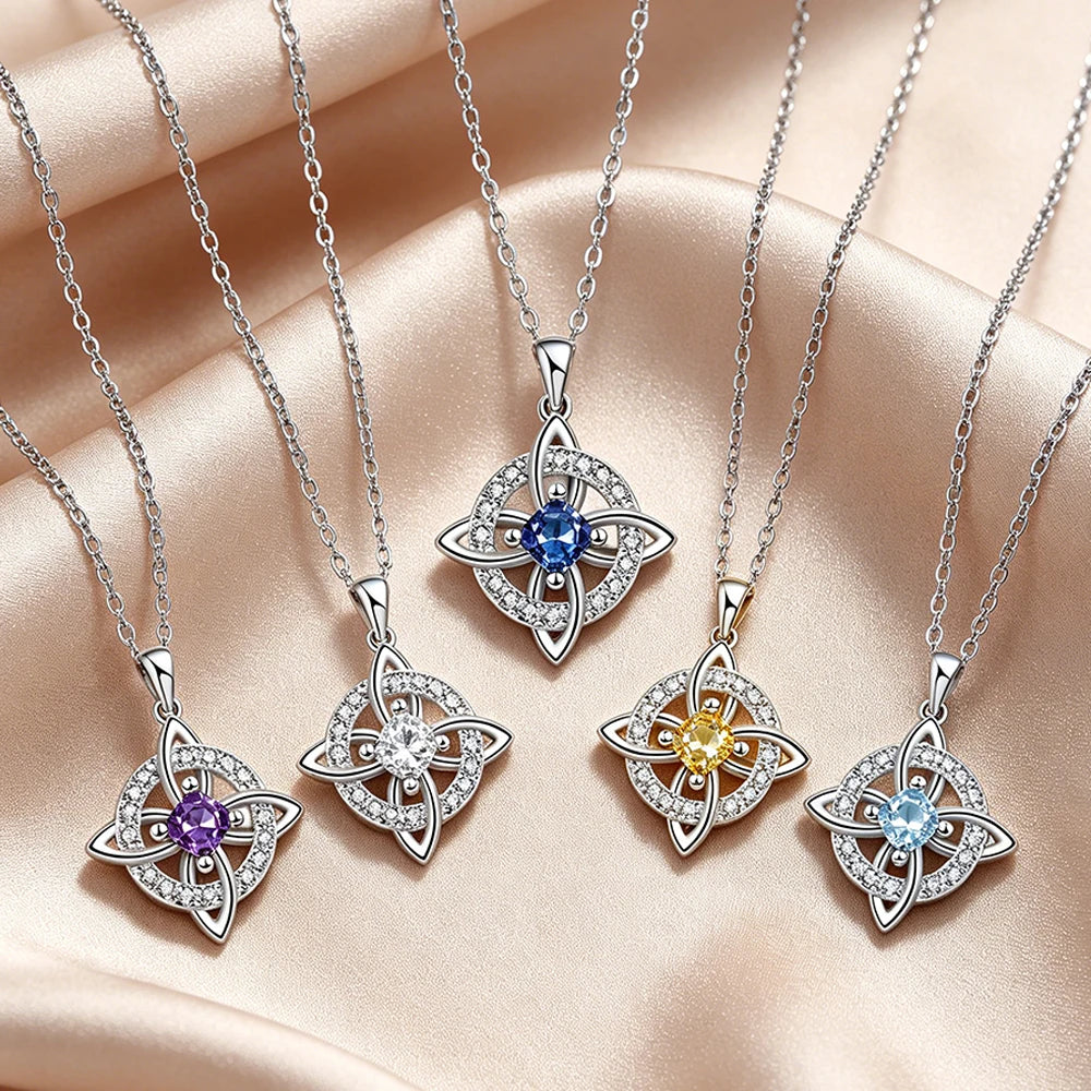 Dainty 5A Birthstone Pendant Necklace 12 Pieces Zirconia Magic Witch Knot Necklace for Women Good Luck Amulet Protection Jewelry