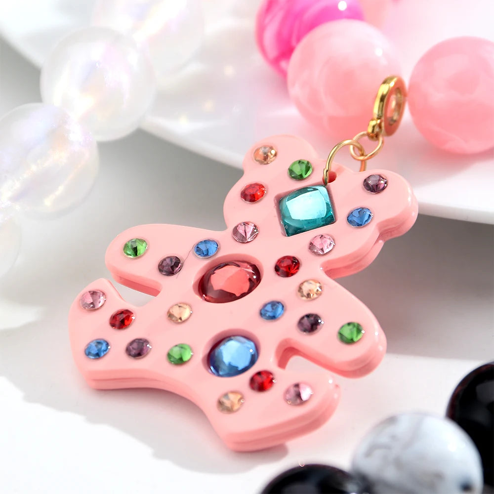 Fashion Acrylic Big Round Beads Bear Pendant Necklace for Women Colorful Geometric Beaded Choker Necklace Party Jewelry Gift