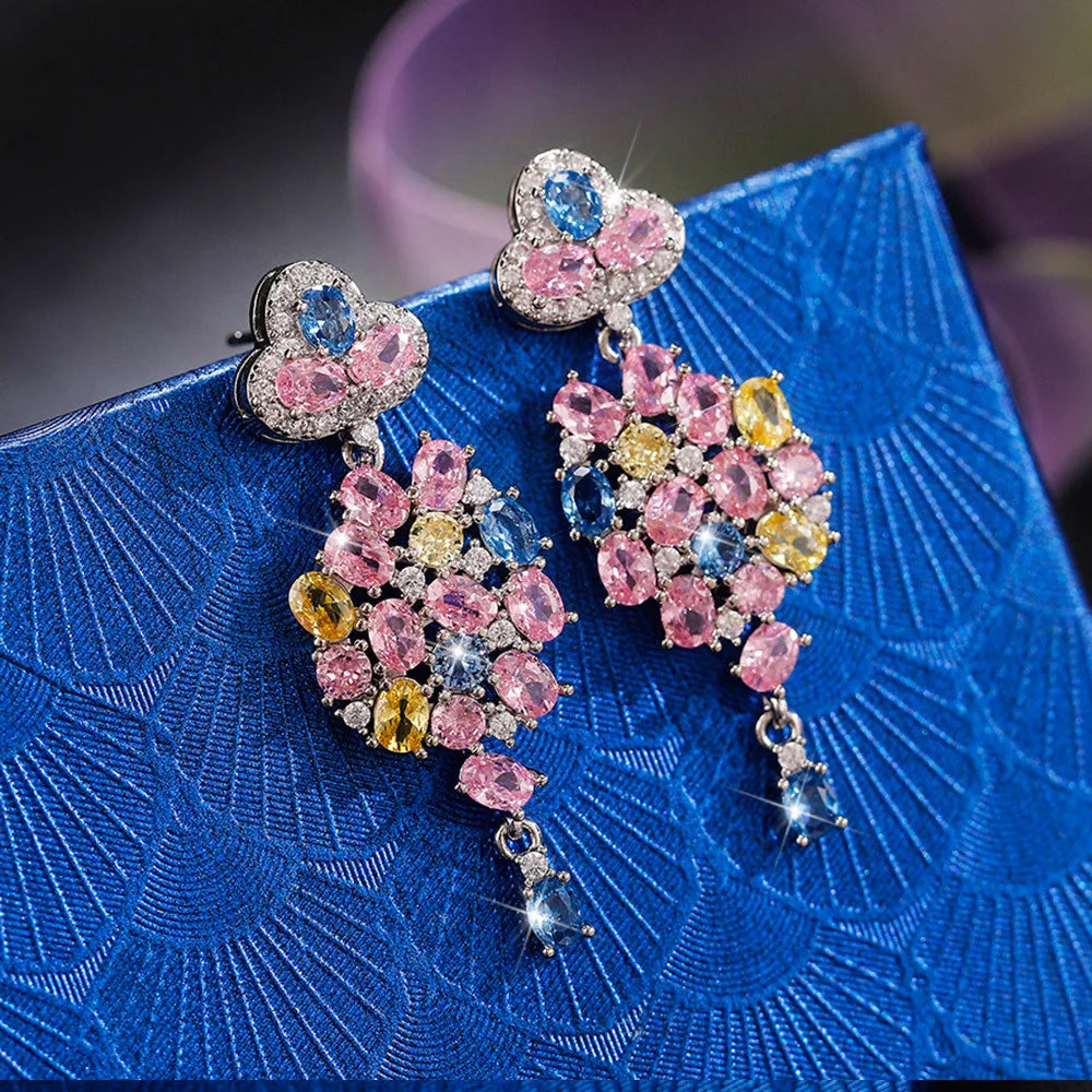Cute Female Silver Color Flower Drop Stud Earrings Lovely Bridal Wedding Jewelry For Women