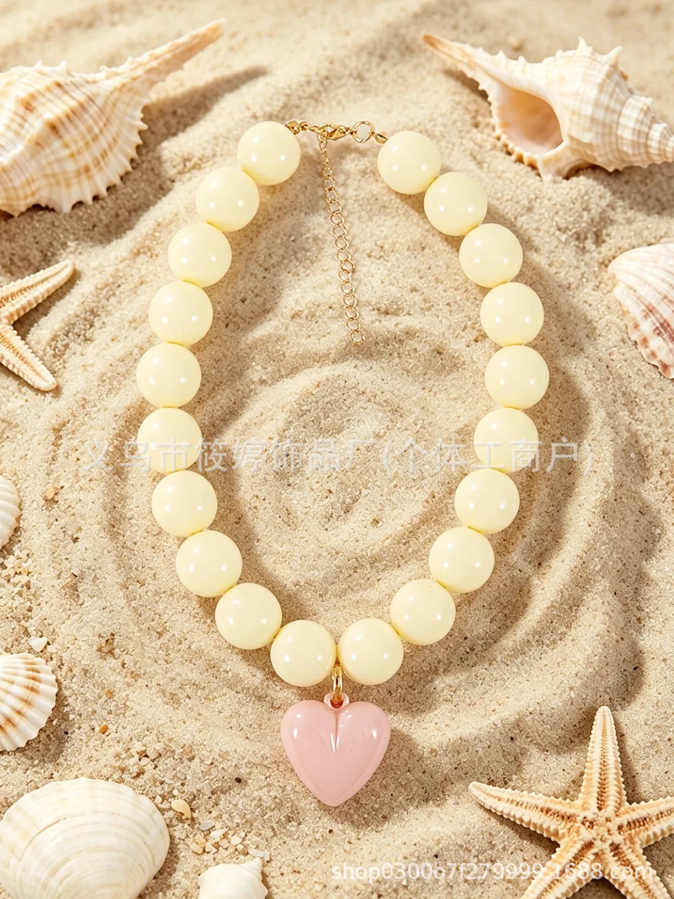 Pink Resin Beads with Detachable Pink Heart Pendant Necklace for Women Y2K Style Statement Jewelry Summer Party Gifts Accessory