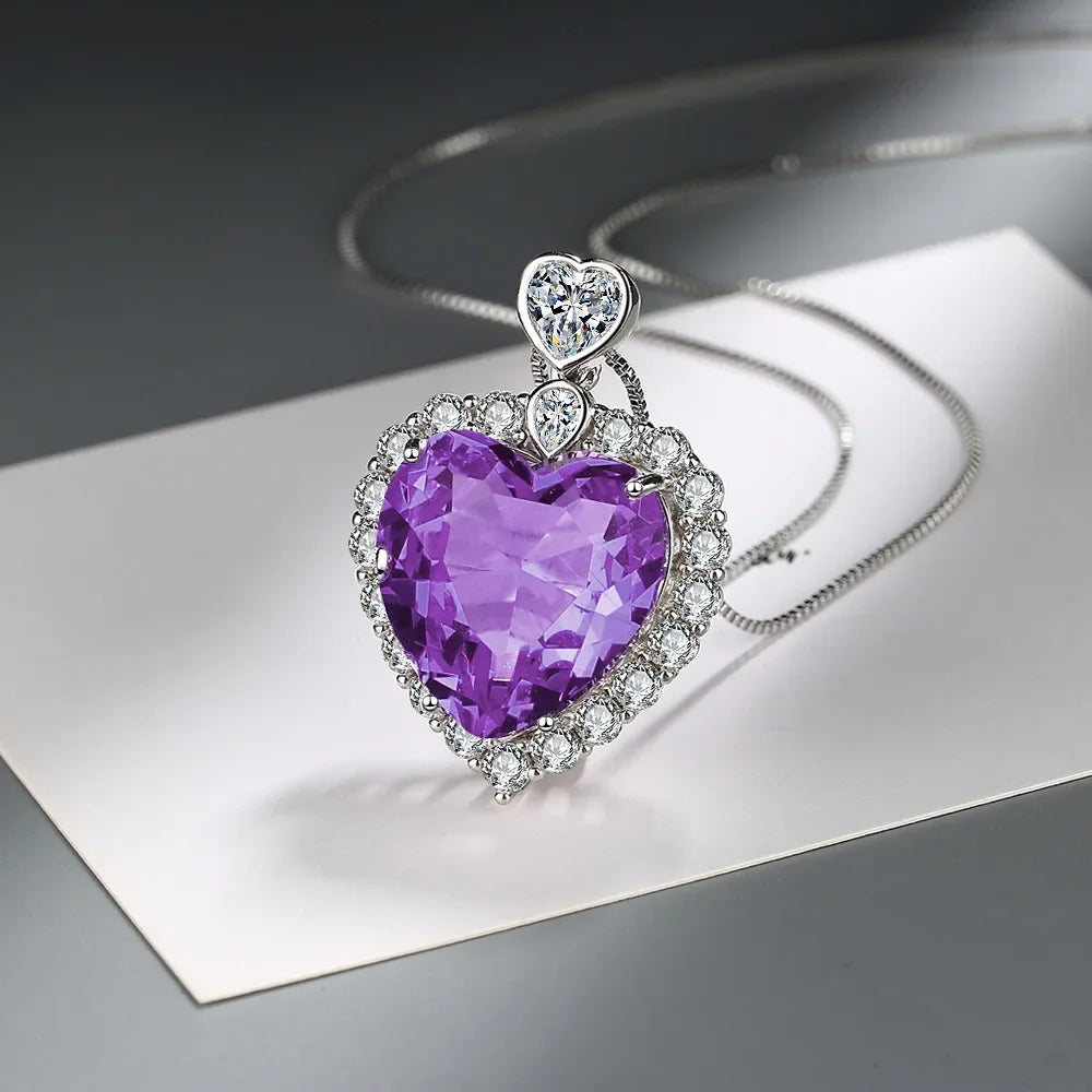 S925 Sterling Silver Women's Necklace with Purple Love Gemstone Pendant Adjustable Length 40cm to 45cm Luxury Jewelry
