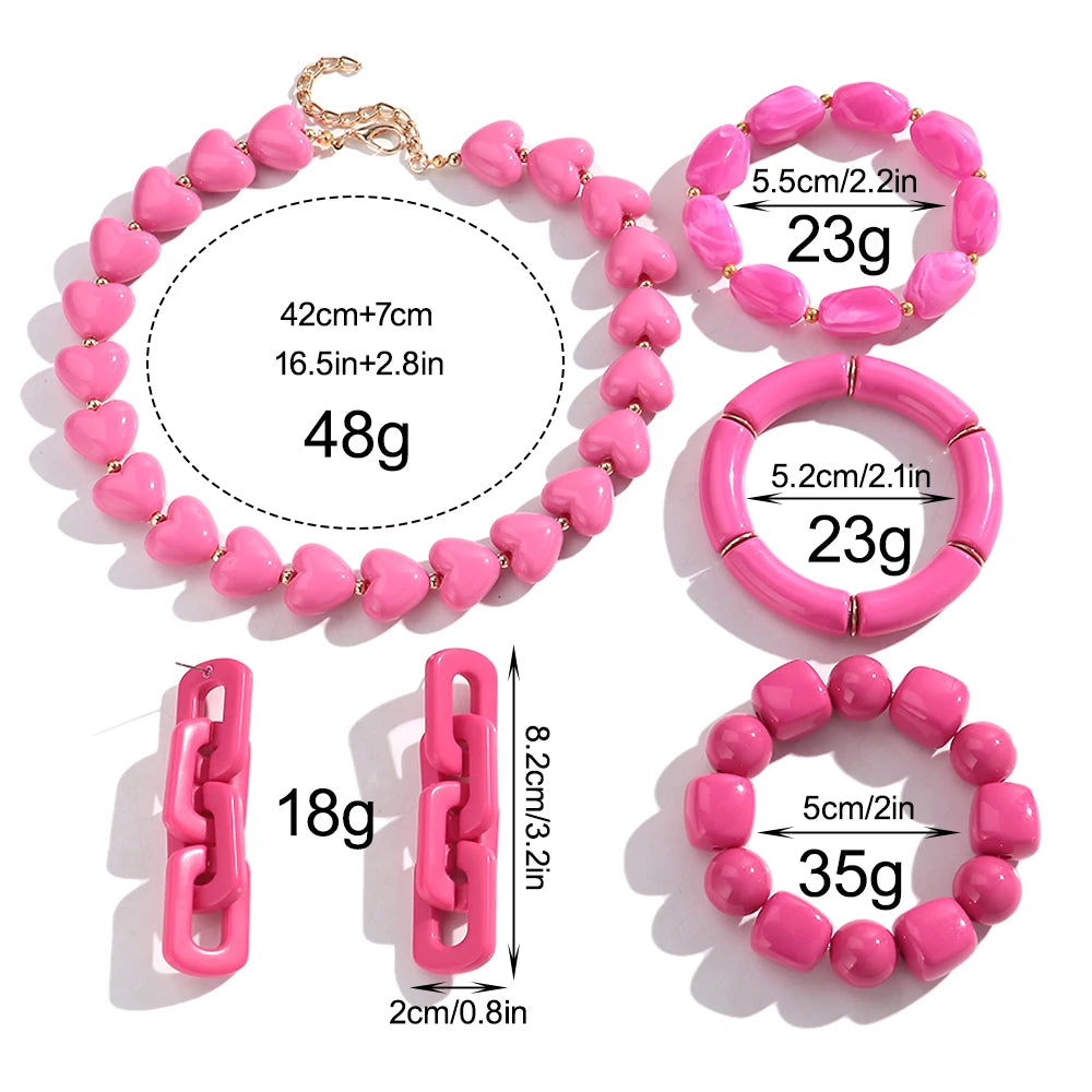 Fashion Pink Acrylic Geometric Beads Bracelets Necklace Earrings for Women Heart Tube Beaded Bracelets 2026 New Jewelry Gifts