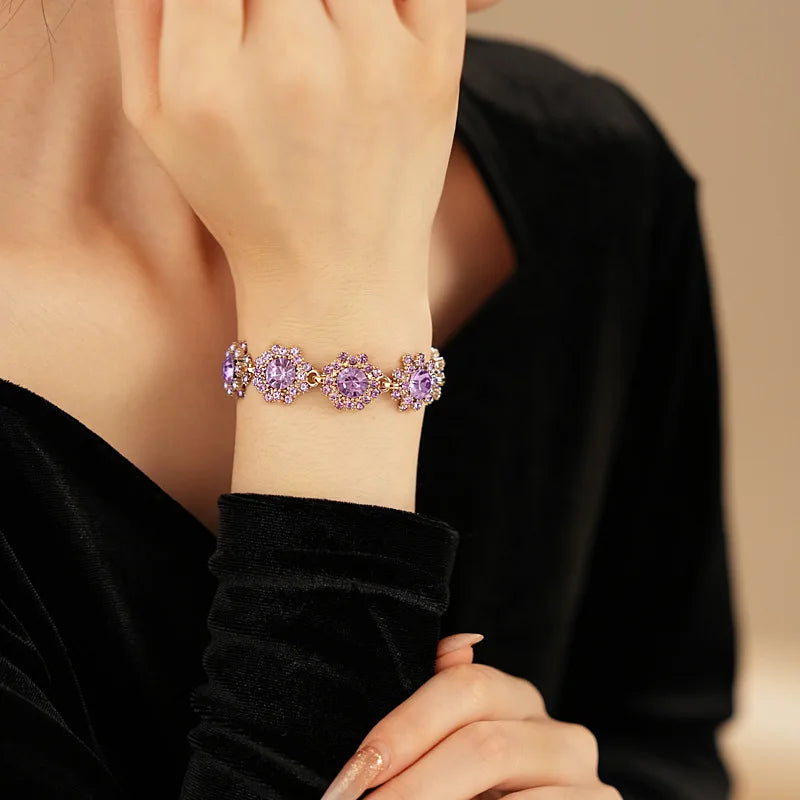Vintage Amethyst Round Flower Cluster Necklace Bracelet Earring Jewelry Set Antique Silver Luxury Women Bridal Wedding Jewelry N
