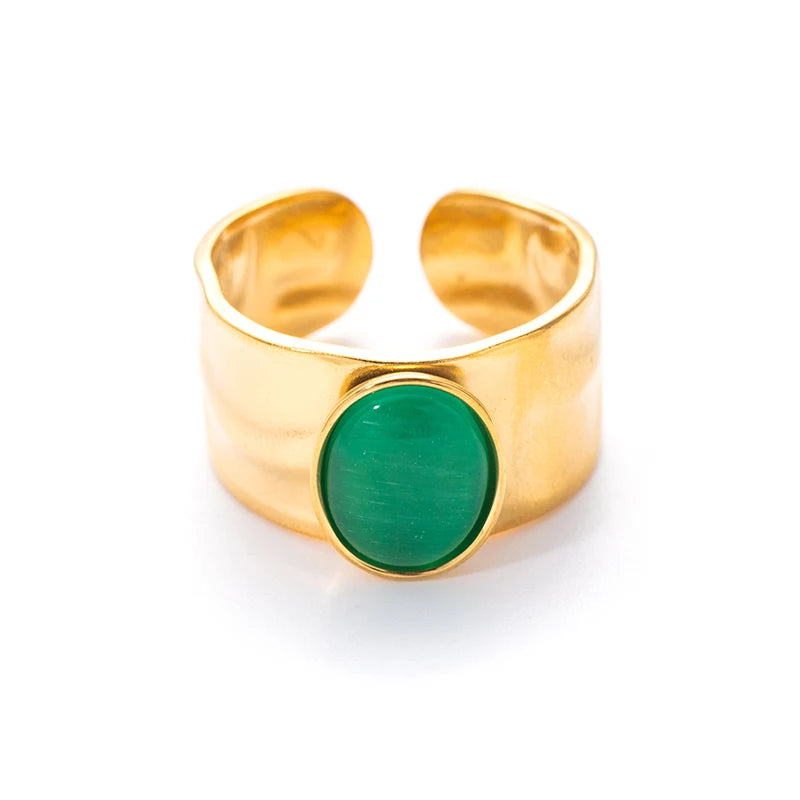 ANENJERY 316L Stainless Steel Colorful Stone Wide Smooth Open Ring for Women Men Elegant Noble Jewelry Gifts Wholesale