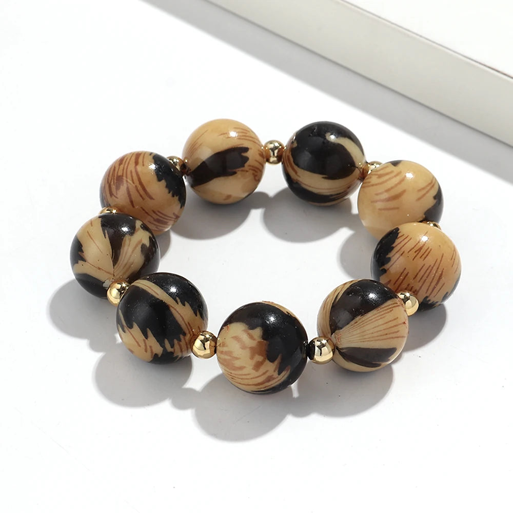 Personality Leopard Print Irregular Beaded Stretch Bangles Bracelets Retro Acrylic Geometric Beads Bracelet Women Jewelry