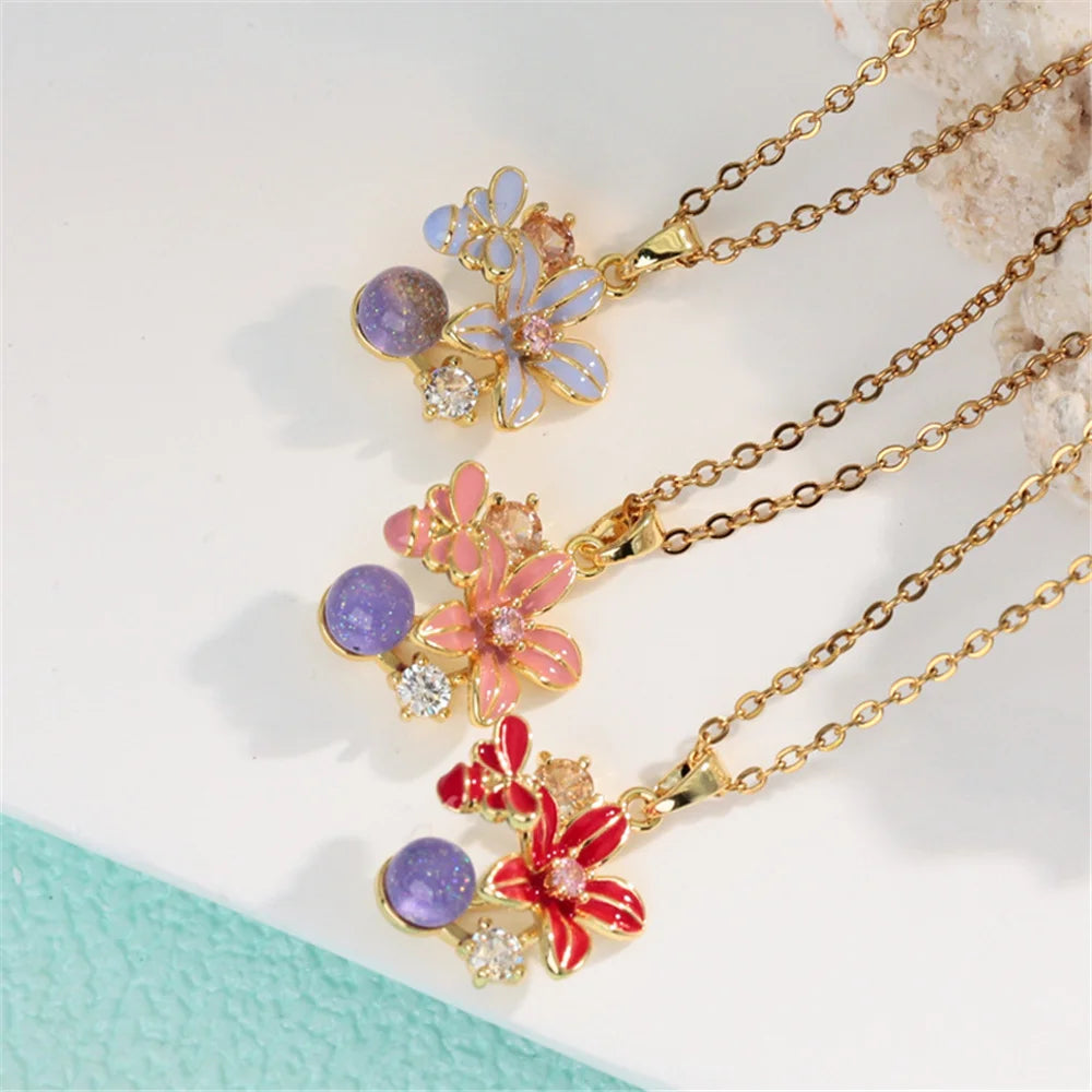 Small Cute Flower Charm Female Bule Pink Red Enamel 2026 New Trendy Pendant Necklace Gold Color Wedding Jewelry For Luxury Women