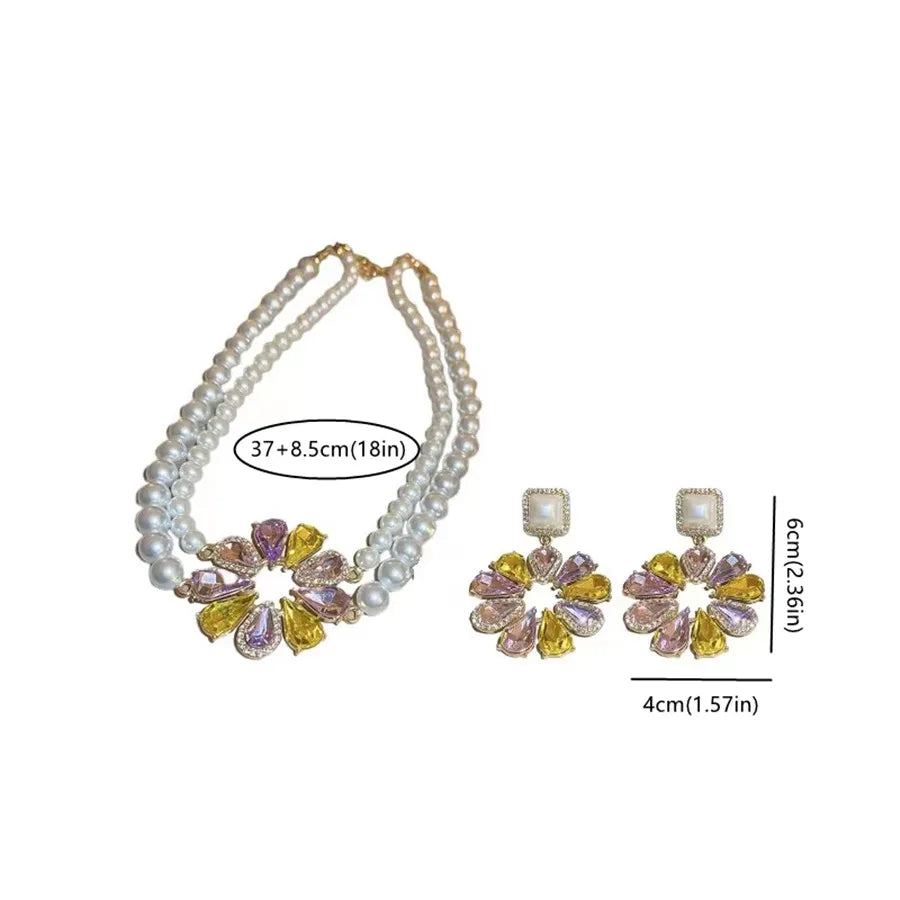 Korean Style Pearl Necklace Earrings For Women Sweet Sunflower Crystal Earrings Weddings Banquet Jewelry Sets
