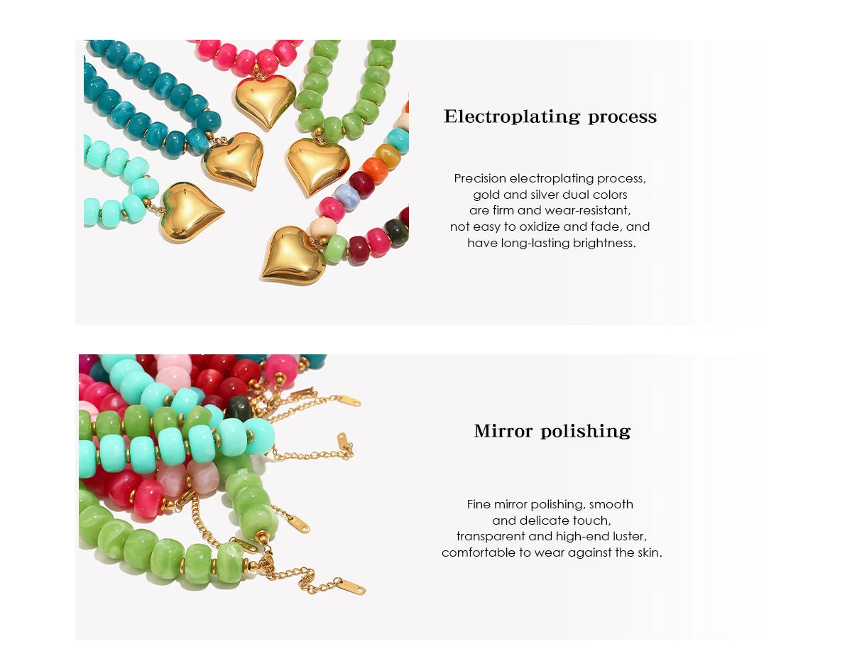 E.B.belle Candy Color Bead Heart Charm Necklaces Colorful Dopamine Resin Chain Necklace Tarnish Y2K Fashion Women Jewelry
